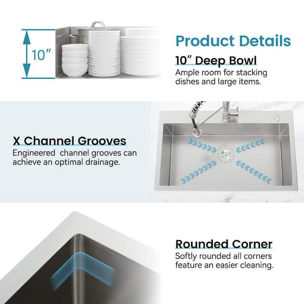 32 in. x 19 in. Stainless Steel Single Bowl Drop-In Kitchen Sink with Drain and Hooks in Brushed Nickel