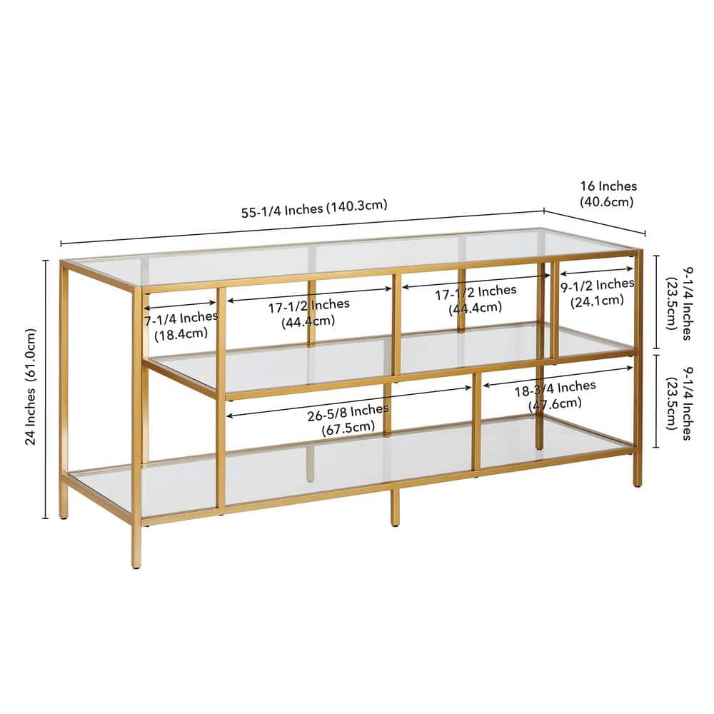 Winthrop 55" White Brass TV Stand with Tempered Glass Shelves