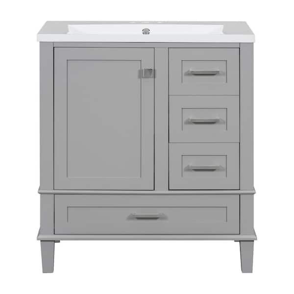 WELLFOR 30 in. W x 18 in. D x 34 in. H Single Sink Freestanding Bath Vanity in Gray with White Resin Top
