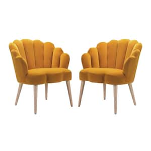 Flora Mustard Mid-century Modern Scalloped Tufted Velvet Barrel Chair with Wood Legs(Set of 2)