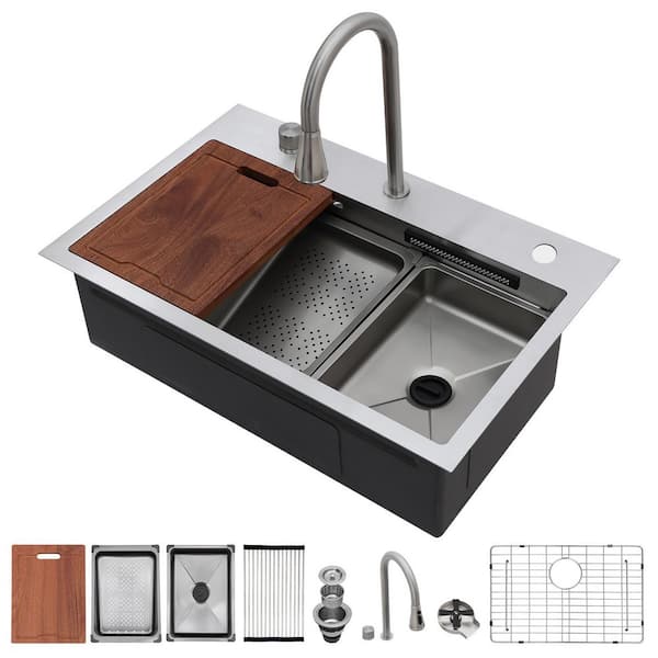 33 in. Drop-In Single Bowl 16-Gauge Stainless Steel Workstation Kitchen Sink with Flying Rain Faucet and Cup Washer