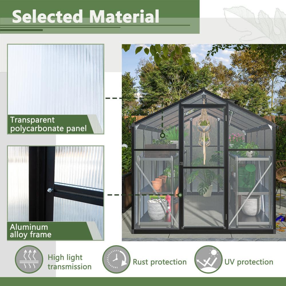 Black 6' x 8' Polycarbonate Aluminum Outdoor Greenhouse