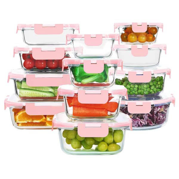 24-Piece Pink Borosilicate Glass Food Storage Containers Set with Airtight Lids, Microwave, Oven, Freezer Safe