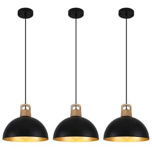 3-Light Black Dome Pendant Light Hanging Ceiling Chandelier with Metal Cover for Kitchen Island