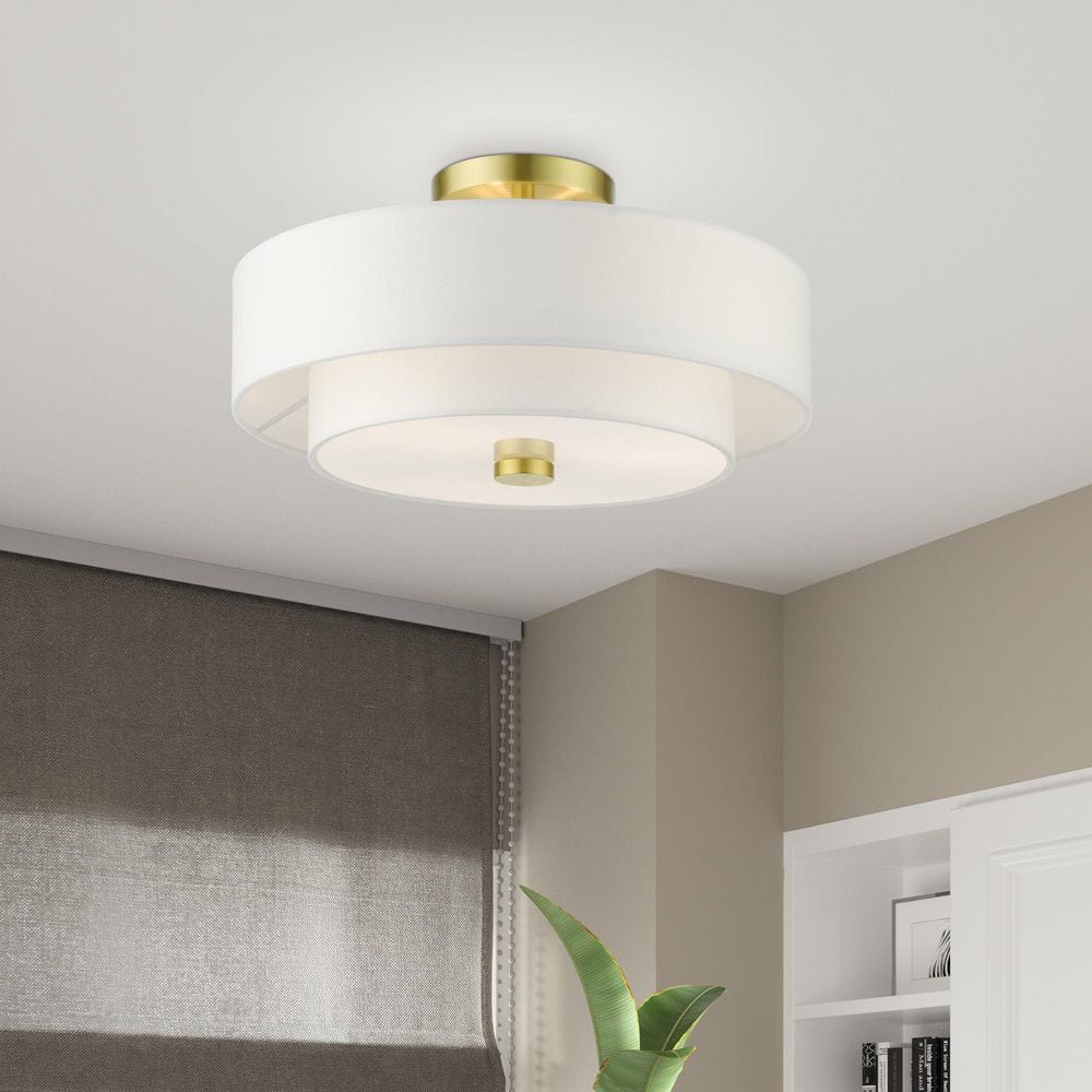 Satin Brass Modern 3-Light Semi-Flush Drum Light with Off-White Shade