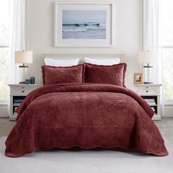 MarCielo BYV309 Rustic Burgundy Leaf and Vines Queen Size Polyester Velvet Quilt Bedspread Set