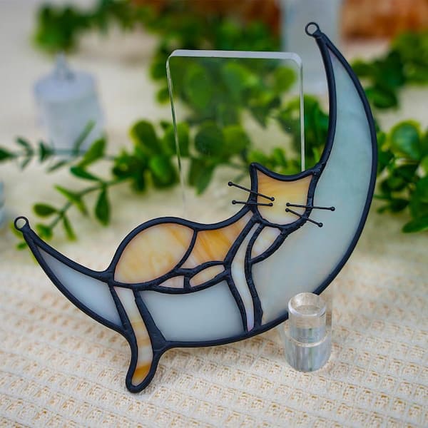 Orange Cat Decor, Handcrafted Stained Glass Window Hangings for Sleeping Cat  on Moon Decoration PU6MG8 - The Home Depot