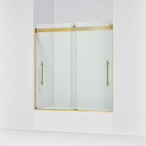 Elmbrook 55-60 in. W x 62 in. H Sliding Frameless Bathtub Door in Vibrant Brushed Brass with Clear Tempered Glass