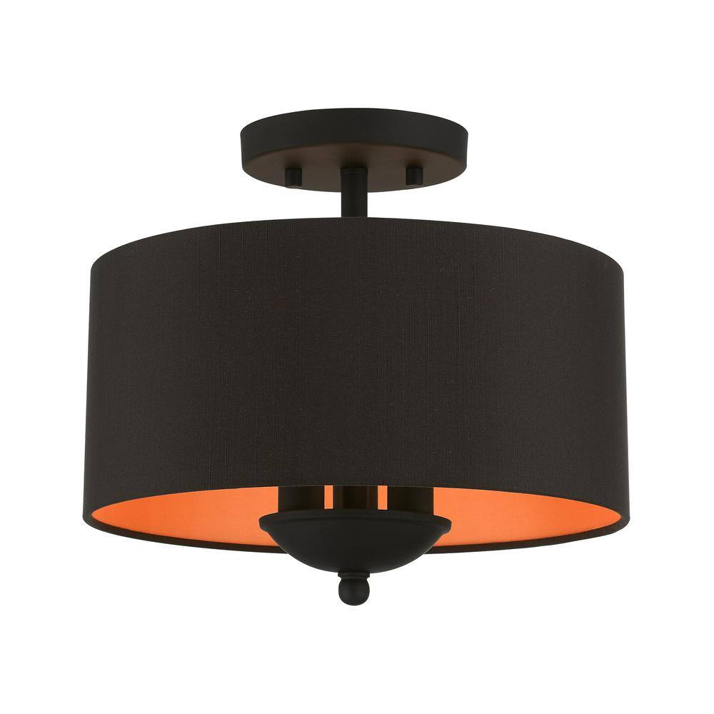 Bradley 12" Black Glass Drum Semi-Flush Mount with Silky Inner Shade