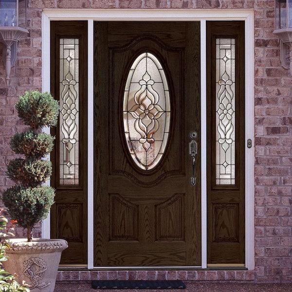 63.5 in.x81.625 in. Lakewood Patina 3/4 Oval Lt Stained Walnut Oak Left-Hand Fiberglass Prehung Front Door w/Sidelites