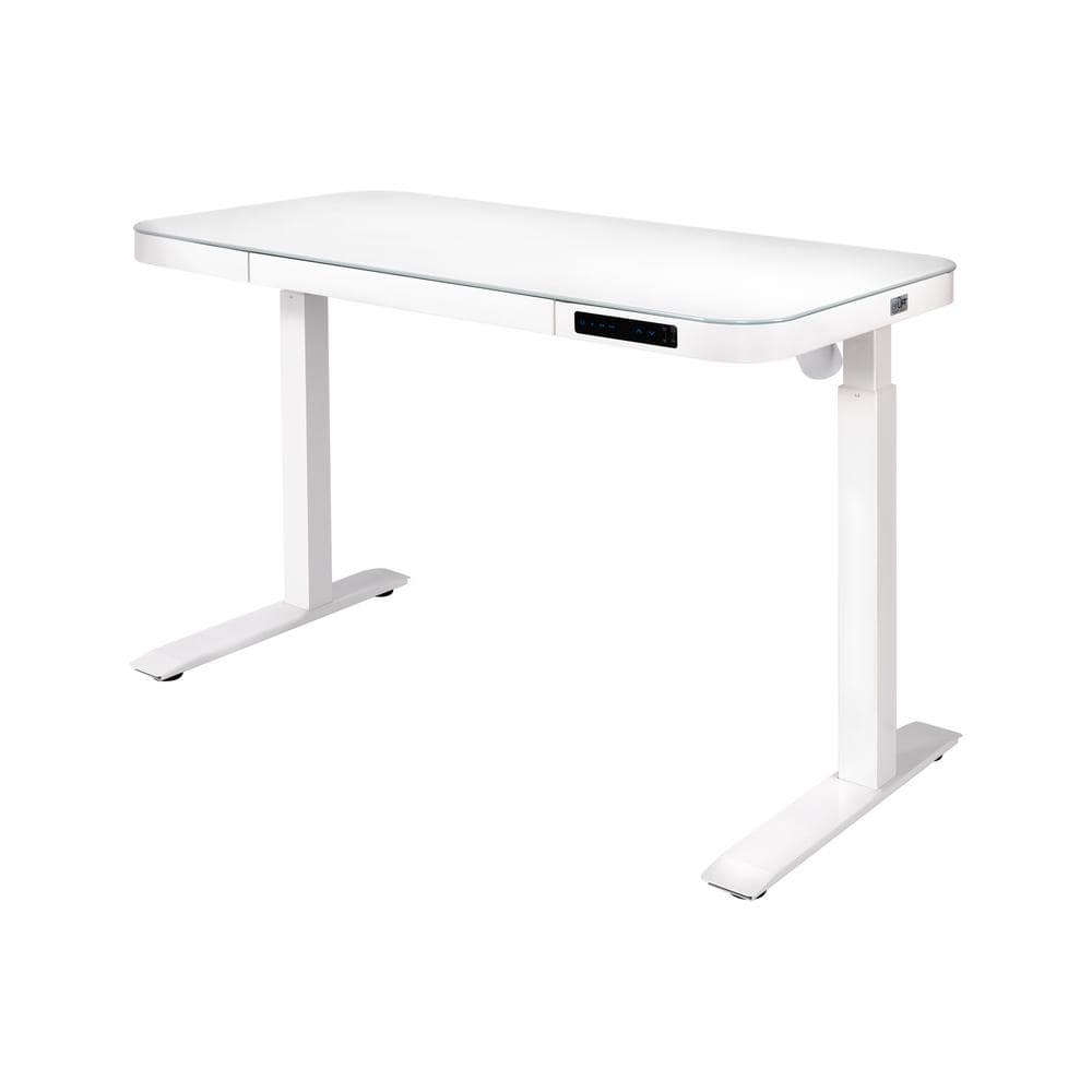 White Adjustable Height Glass Standing Desk with USB Ports and Drawer