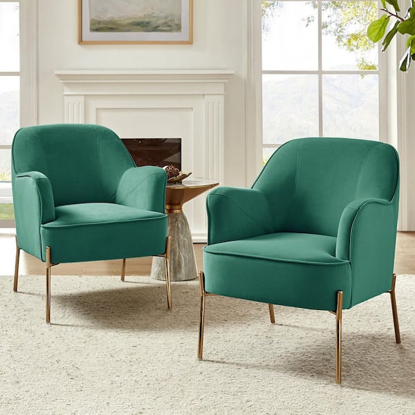 JAYDEN CREATION Nora Modern Green Velvet Accent Arm Chair with Gold Metal Legs Set of 2