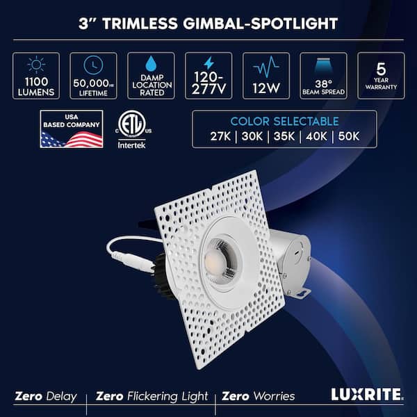 3 in. LED Integrated Adjustable Spotlight Jbox, 5CCT, 12W, 1100LM, CRI90, Dual Dimmable, 38° Beam, Damp Rated 4-Pack