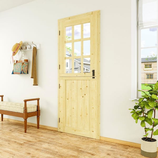 30 in. x 80 in. Solid Pine Universal 9-Lite Clear Glass Unfinished Dutch Wood Prehung Front Door w/Quick Assemble Jamb