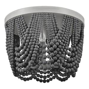 Harlan 15 in. 3-Light Brushed Grey Flush Mount with Grey Real Wood Beads