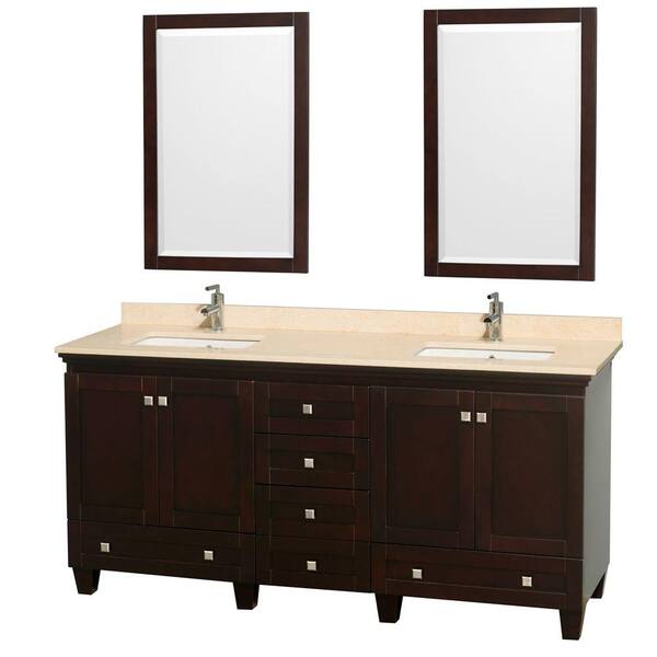 Wyndham Collection Acclaim 72 in. Double Vanity in Espresso with Marble Vanity Top in Ivory, Square Sink and 2 Mirrors