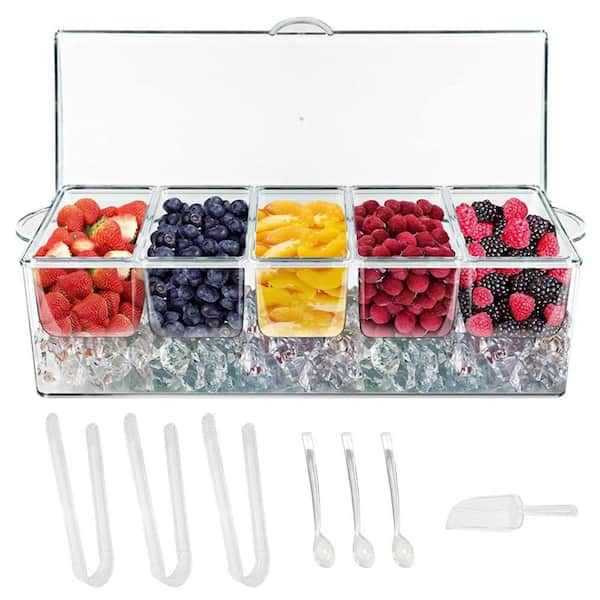 8-Piece Condiment Organizer Set with Removable Lid, Ice Tray, and Serving Utensils, White Kitchen Serving Platter