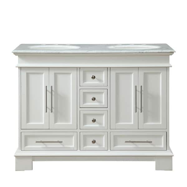 Silkroad Exclusive 48 in. W x 22 in. D Vanity in White with Marble Vanity Top in Carrara White with White Basin