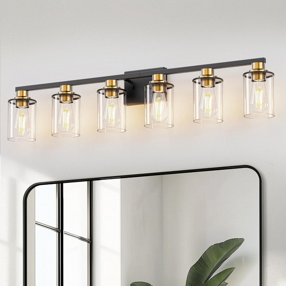 40 in. 5-Light Black and Gold Bathroom Vanity Light, Modern Bathroom Light Fixtures Over Mirror with Clear Glass Shade price history on PriceWatchPro