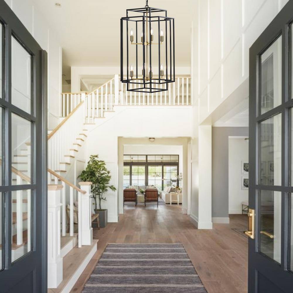 Black and Gold Geometric Metal Cage Chandelier with 8 Lights