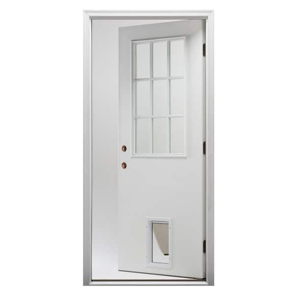 30 in. x 80 in. Classic Right-Hand Inswing 1/2-Lite Clear Primed Fiberglass Smooth Prehung Front Door with Pet Door