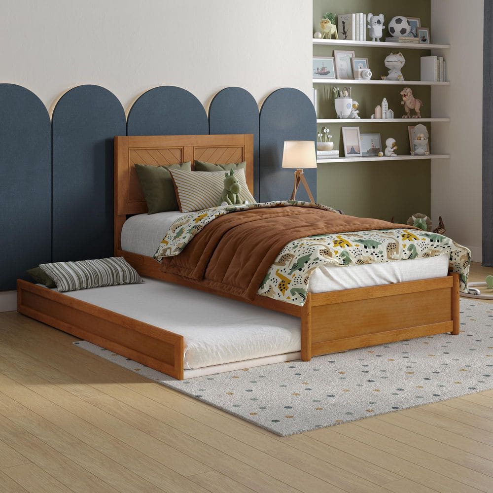 Clayton Light Toffee Natural Bronze Solid Wood Frame Twin Platform Bed with Panel Footboard and Twin Trundle