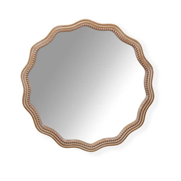 YESSKY DOWELL ENTER LLC 23.6 in. W x 23.6 in. H Farmhouse Round Wavy Wall Mirror Wood Framed Mirror Circle Mirror for Bedroom, Living Room