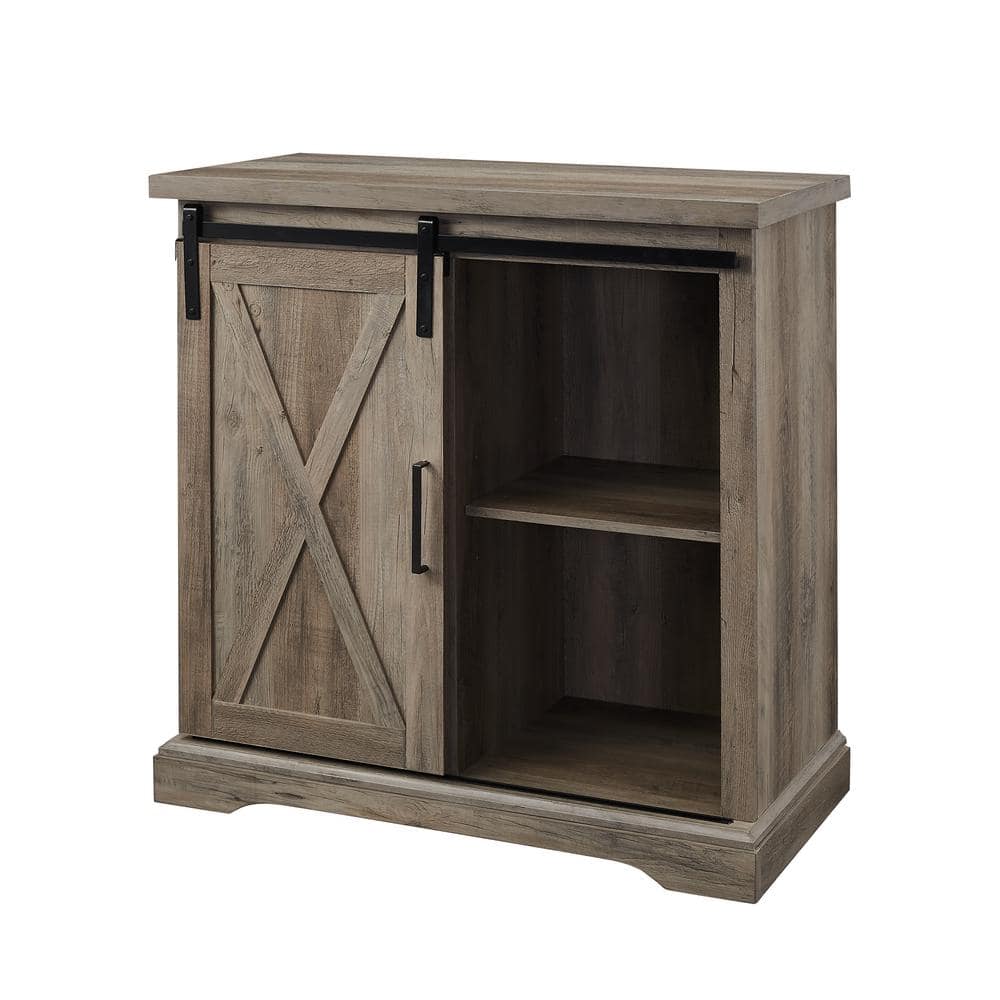 Rustic Farmhouse 32" Grey Wash Buffet with Sliding Barn Door