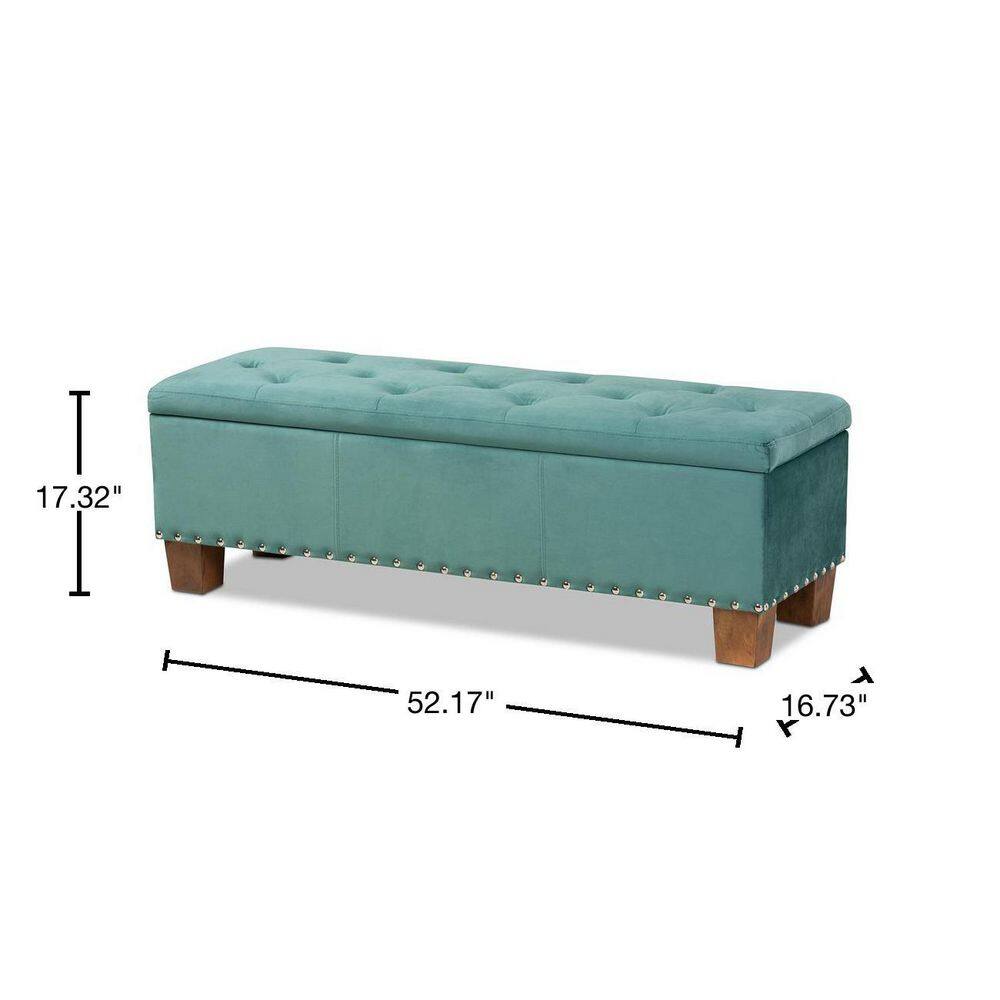 Teal Velvet Tufted Storage Bench with Walnut Legs