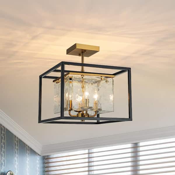 13.98 in. 4-Light Matte Black Industrial Semi-Flush Mount Ceiling Light Fixture With Hazy Textured Glass Shade