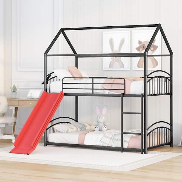 Polibi Black Plus Red Twin Over Twin Metal Bunk Bed With Slide, Kids House Bed