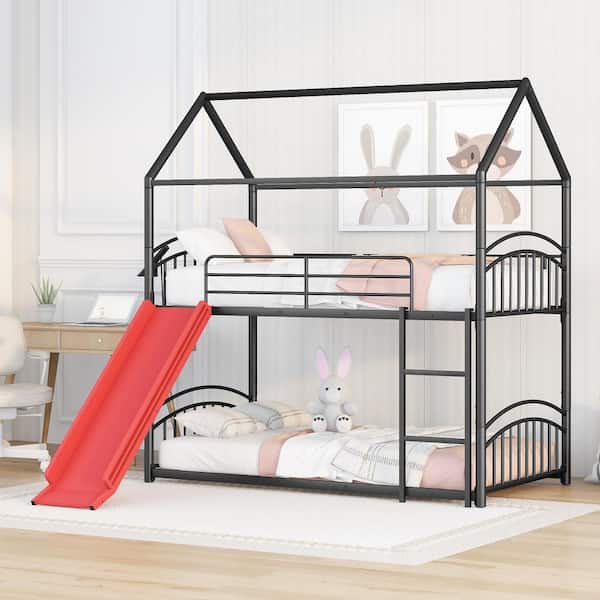 Polibi Twin over Twin Metal Bunk Bed With Slide, Kids House Bed Black+Red