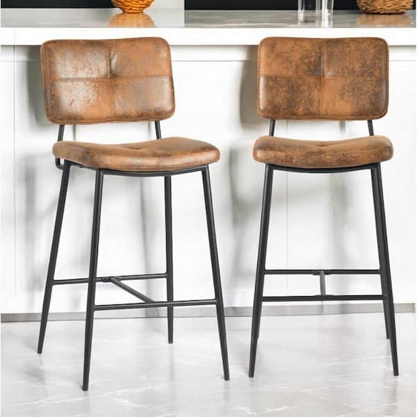27 in. Brown Low Back Metal Counter Stool Faux Leather Seat (Set of 2)