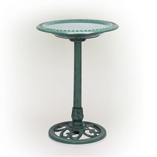 Alpine Corporation 28 in. Tall Outdoor Birdbath with Scrollwork Decoration Yard Statue