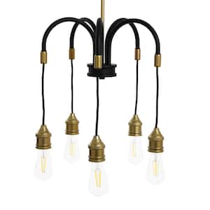 5-Light Exposed Bulb 2-Tone Metal Chandelier, Black and Brass