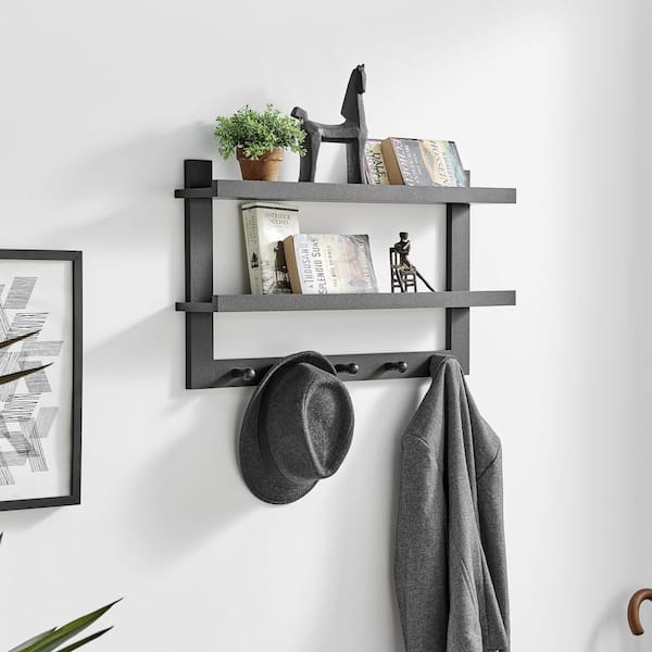 Danya B 2-Tier Ledge Wall Shelf Organizer with Five Hanging Coat or Towel Hooks - Perfect for Entryway or Bathroom (Black)