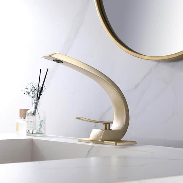 Tomfaucet Single Handle Single Hole Bathroom Faucet with Deckplate Included and Drain Kit Included in Brushed Gold