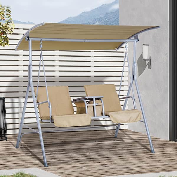 JimsMaison 69.00 in. 2-Person Beige Metal Patio Swing with Stand and Canopy