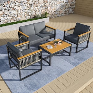 4-Piece Metal Wicker Outdoor Patio Conversation Sofa Seating Set with Gray Cushions