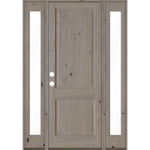 64 in. x 96 in. Rustic Knotty Alder Square Top Right-Hand/Inswing Clear Glass Grey Stain Wood Prehung Front Door w/DFSL