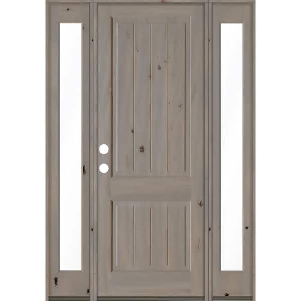 Krosswood Doors 64 in. x 96 in. Rustic Knotty Alder Square Top Right-Hand/Inswing Clear Glass Grey Stain Wood Prehung Front Door w/DFSL