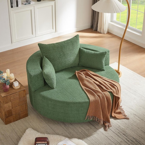 Green 360° Swivel Chenille Accent Barrel Chair with 3 Removable Pillows, Round Sofa Chair