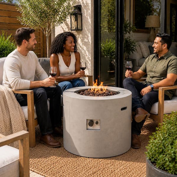 32 in W 50,000 BTU Gray Alloy Steel Propane Gas Outdoor Fire Pit With Concrete Style Design