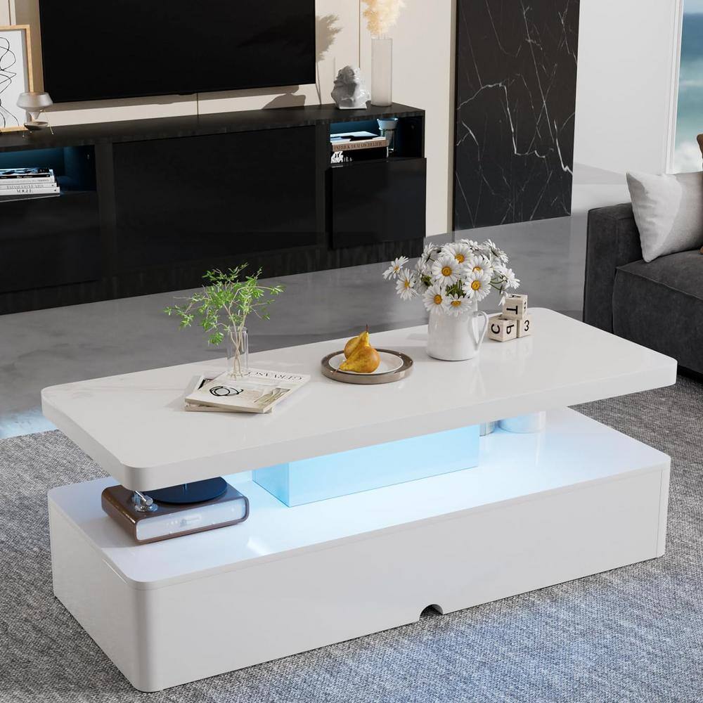 White High Gloss Acrylic Coffee Table with LED Lights and Storage