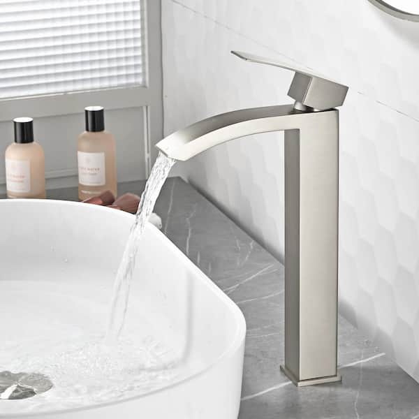 High Arc Single Handle Single Hole Bathroom Faucet with Drain Kit Included in Nickel