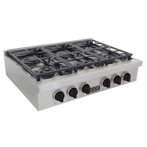 Professional 36 in. Natural Gas Range Top in Stainless Steel and Tuxedo Black Knobs with 6 Burners