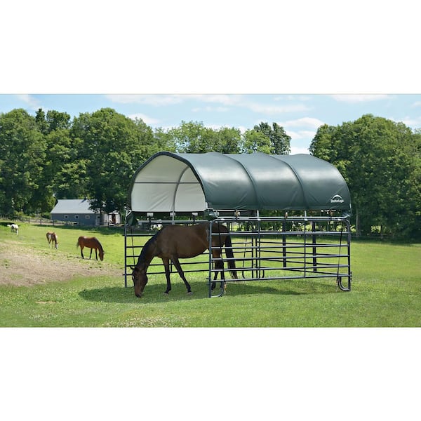 ShelterLogic 144 sq. ft. Corral Shelter w/ 1-3/8 in. Steel Frame, 7.5 oz.  Green PE Cover, Patented Stabilizers, and Protective Boots 51523 - The Home  Depot