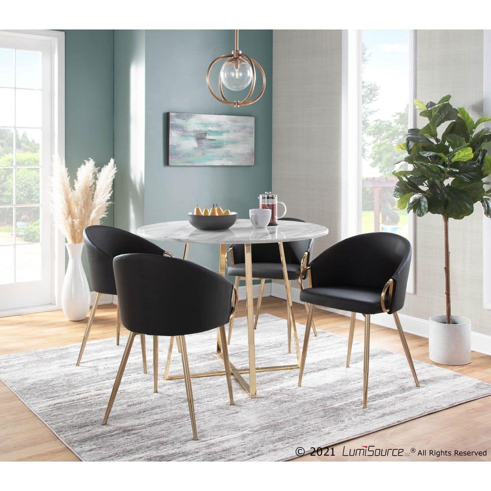 Black Faux Leather and Gold Metal Upholstered Dining Chairs, Set of 2