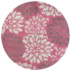 Zinnia Modern Floral Textured Weave Fuchsia/Light Gray 5 ft. Round Indoor/Outdoor Area Rug