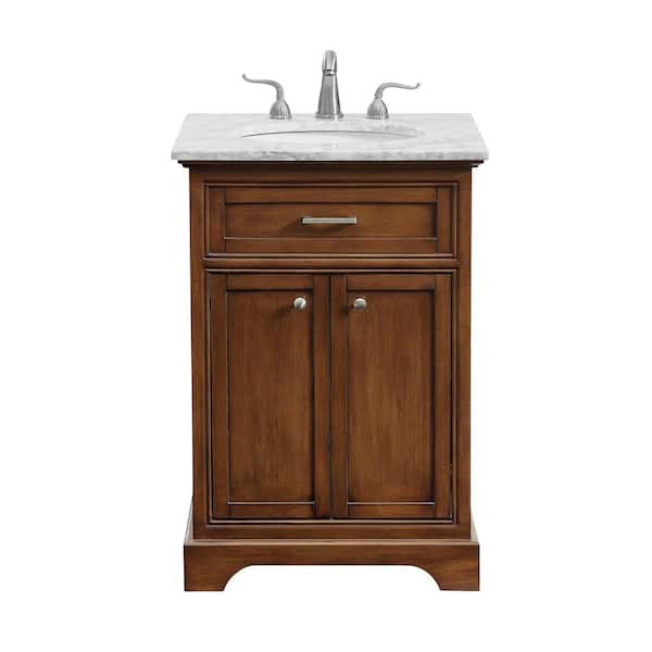 Unbranded 24 in. W x 21.5 in. D x 21.5 in. H Single Bathroom Vanity in Teak with White Marble Vanity Top and White Basin